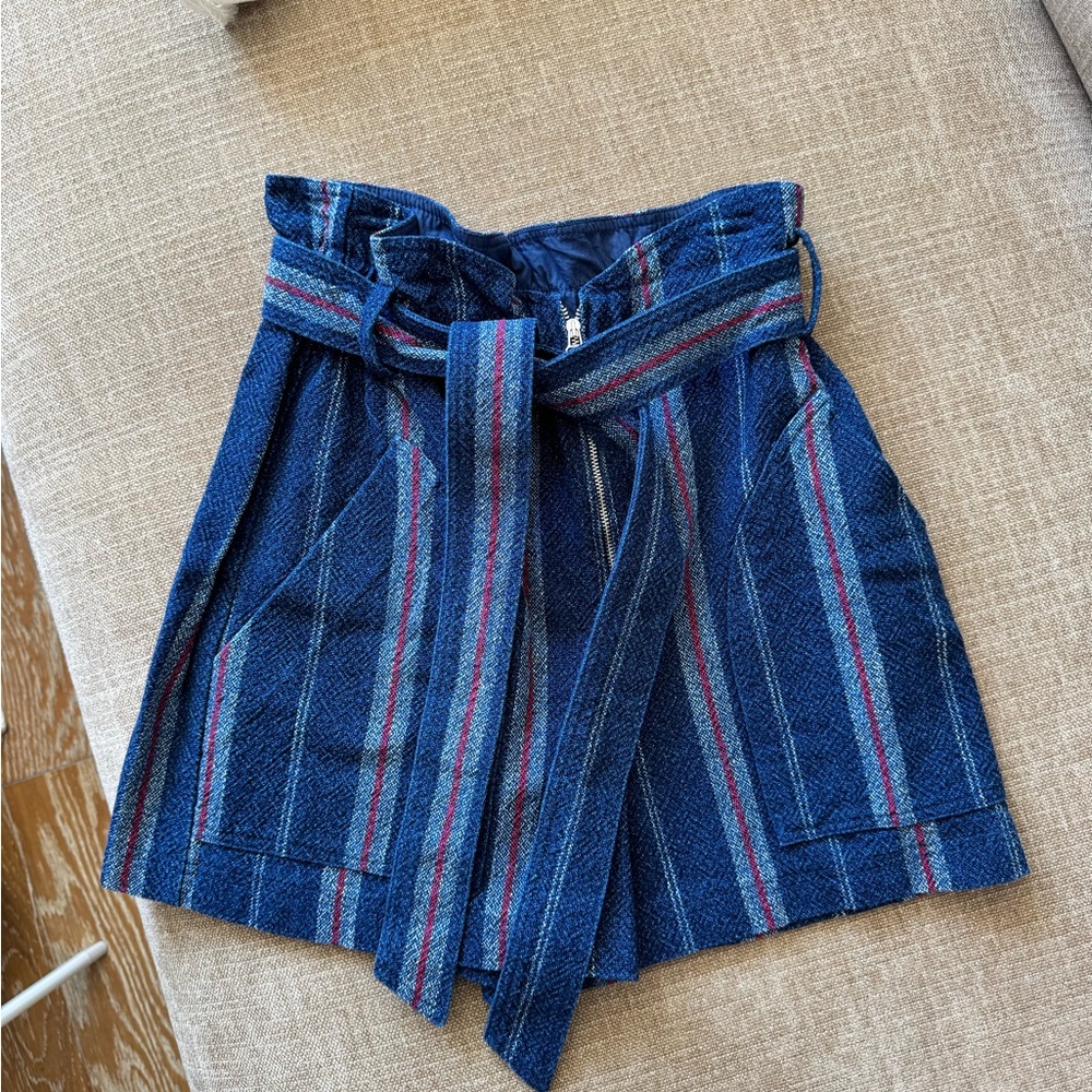 Striped High-Waist Blue Shorts with Tie Belt from Madrid Boutique Brand MAKSU